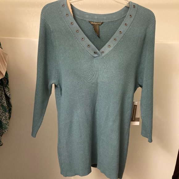 Hillard& Hanson Seafoam Green Ribbed V Neck 3/4 Sleeve Pullover Sweater, sz 1X - Picture 5 of 5